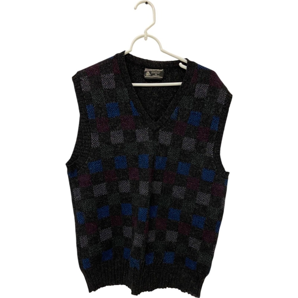 Vintage Preswick‎ & Moore Sweater Vest Gray Mens XL Pure Wool V Neck Checkered